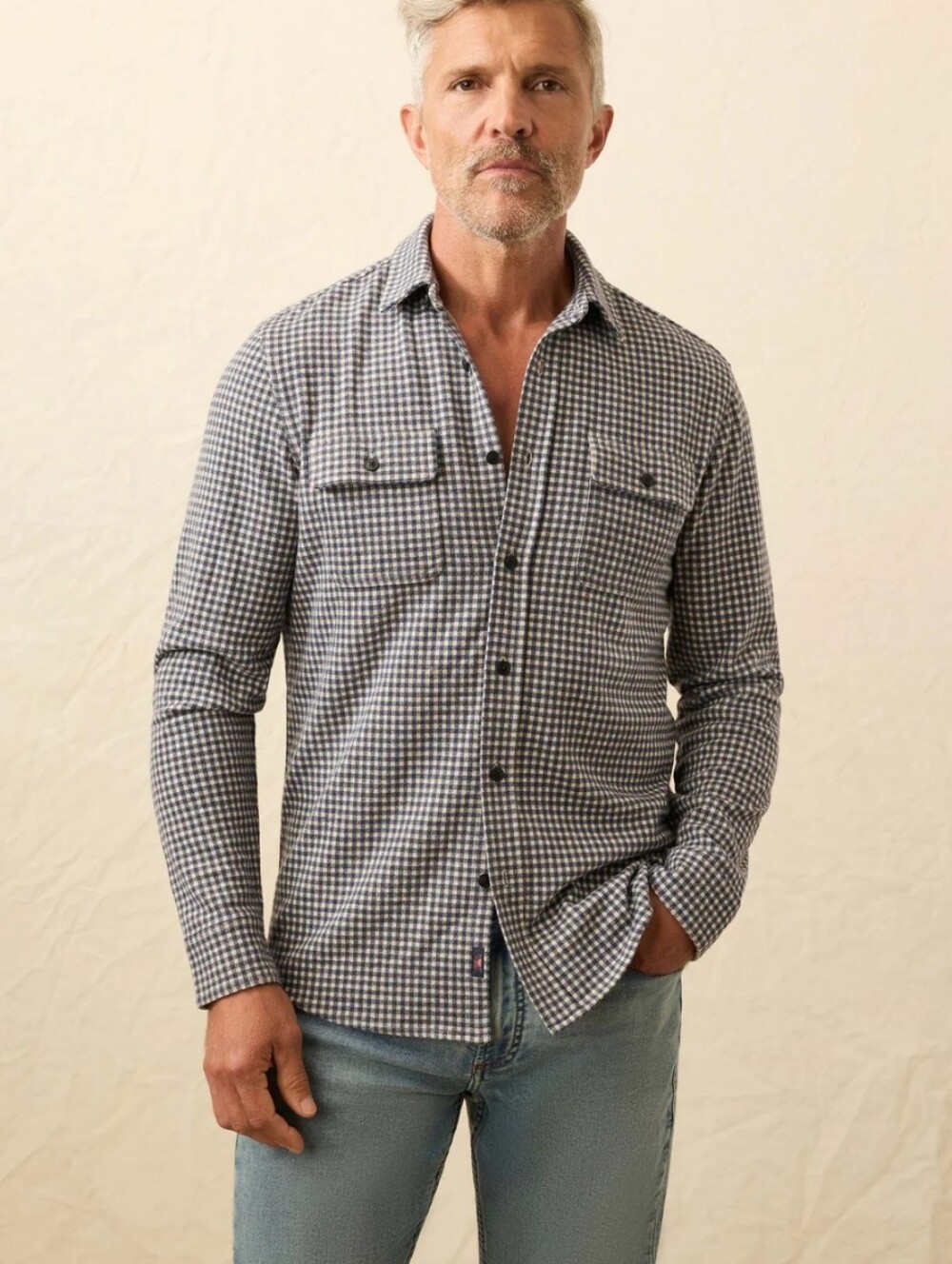 Faherty Legend Sweater Shirt Encinitas Gingham Blue/Grey Cream Double Pocket XL